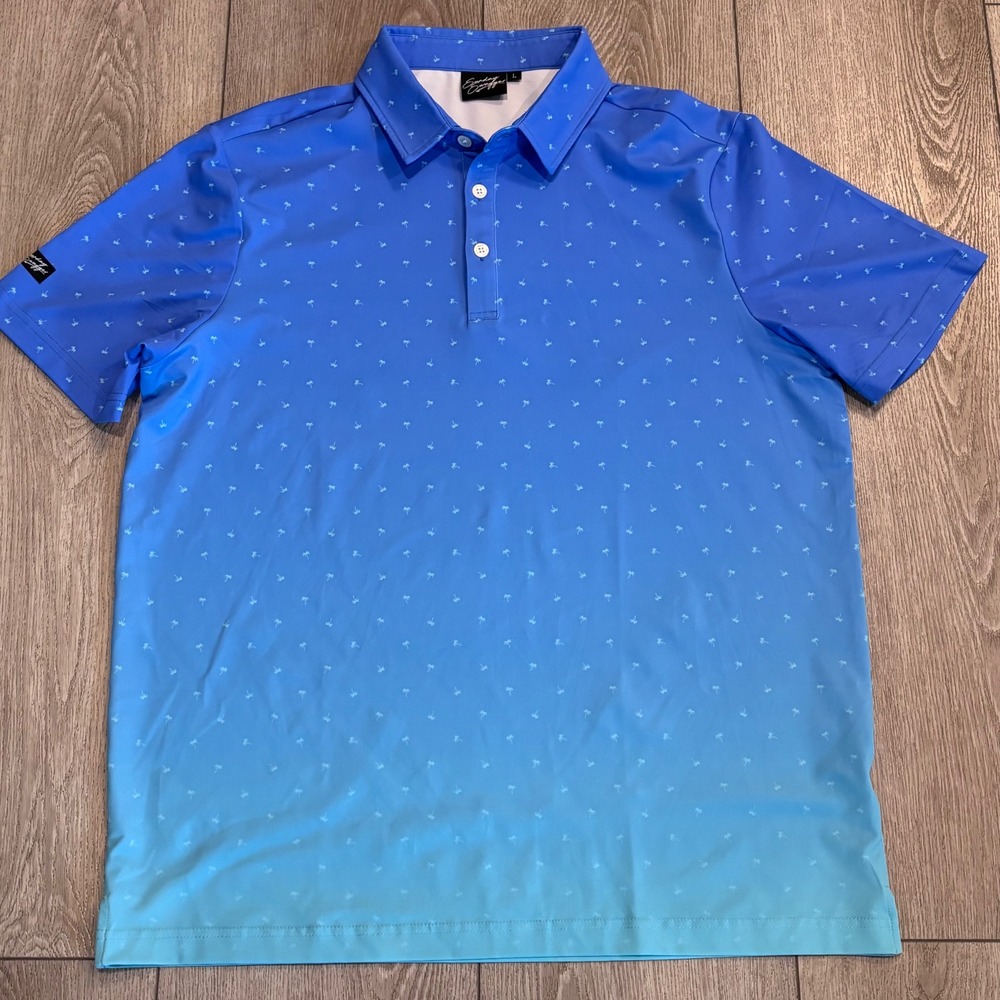 Sunday Swagger Golf Polo Mens Large Blue Ombre Palm Tree Print Preppy Casual